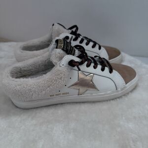 Vintage Havana Hearty Leather Sneaker Mules Slip On Faux Fur Lining Taupe White
